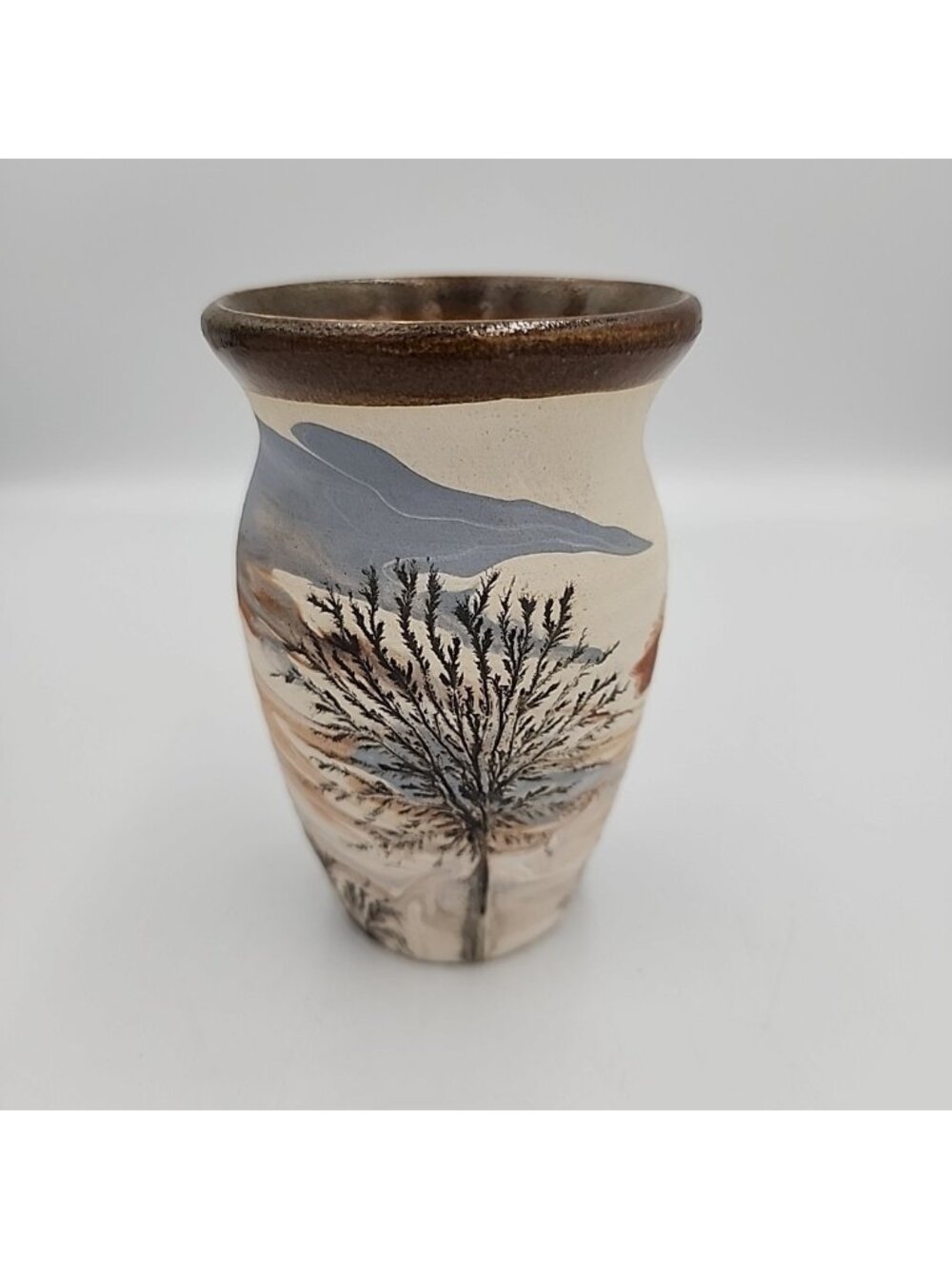 Vtg Sevierville Vase Desert Pattern USA Pottery Tennessee Hand Painted Trees 5"